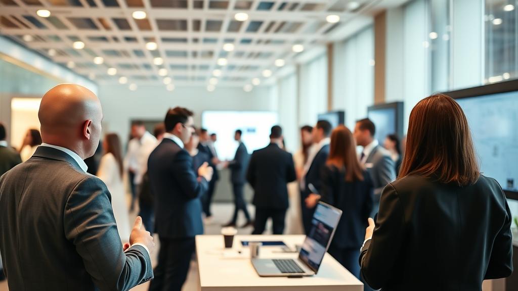 Professionals networking at a business event while discussing platform adoption and operational improvement ideas