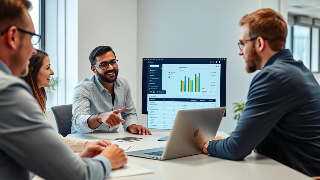 A small business team discussing software criteria and CRM selection in an office