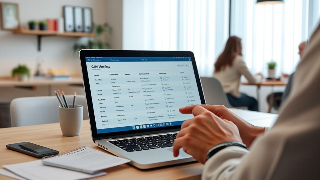 A laptop on a workspace with CRM planning notes for comparing platform options