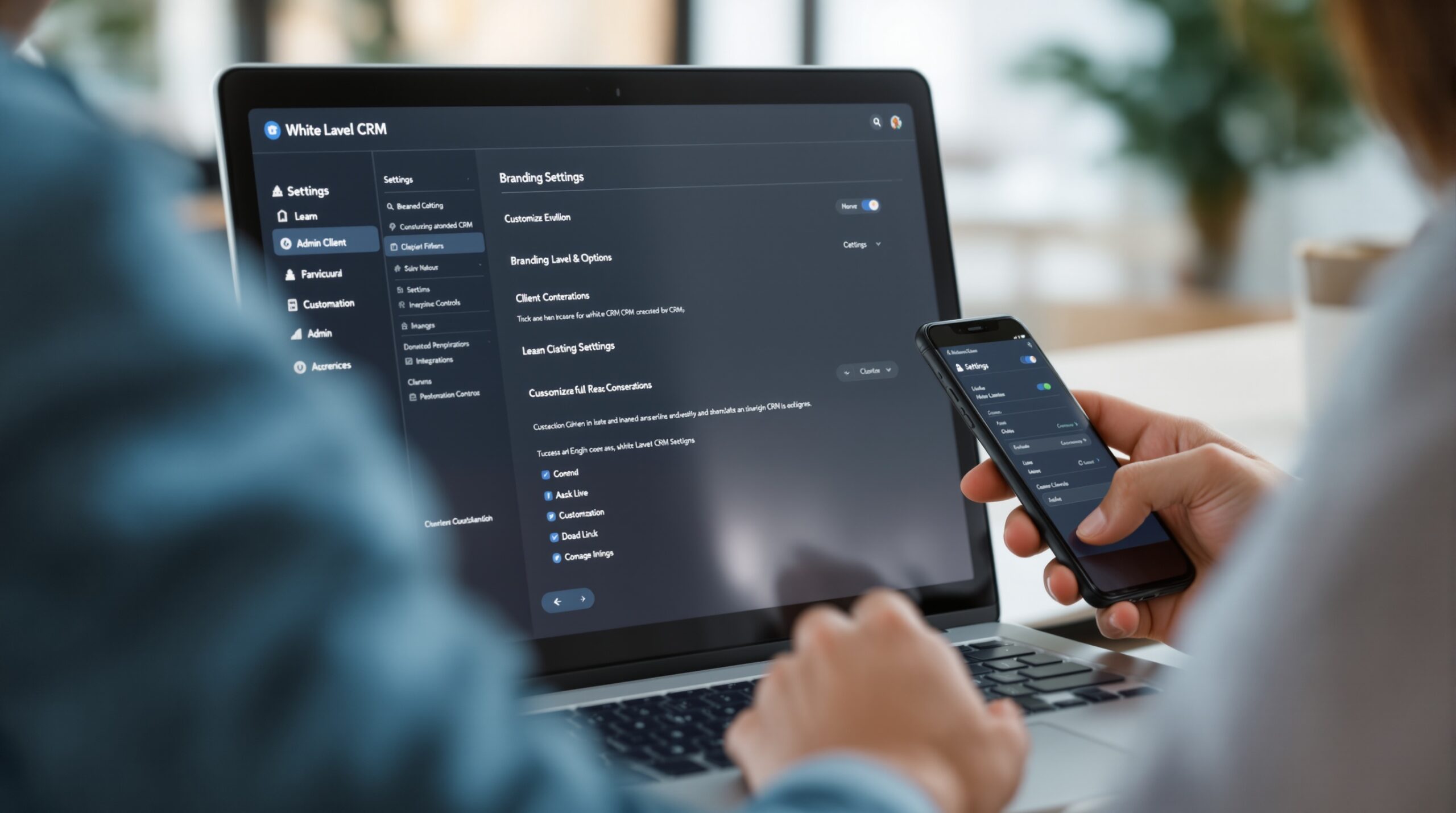 A settings screen showing branding and customization options for a white label CRM platform