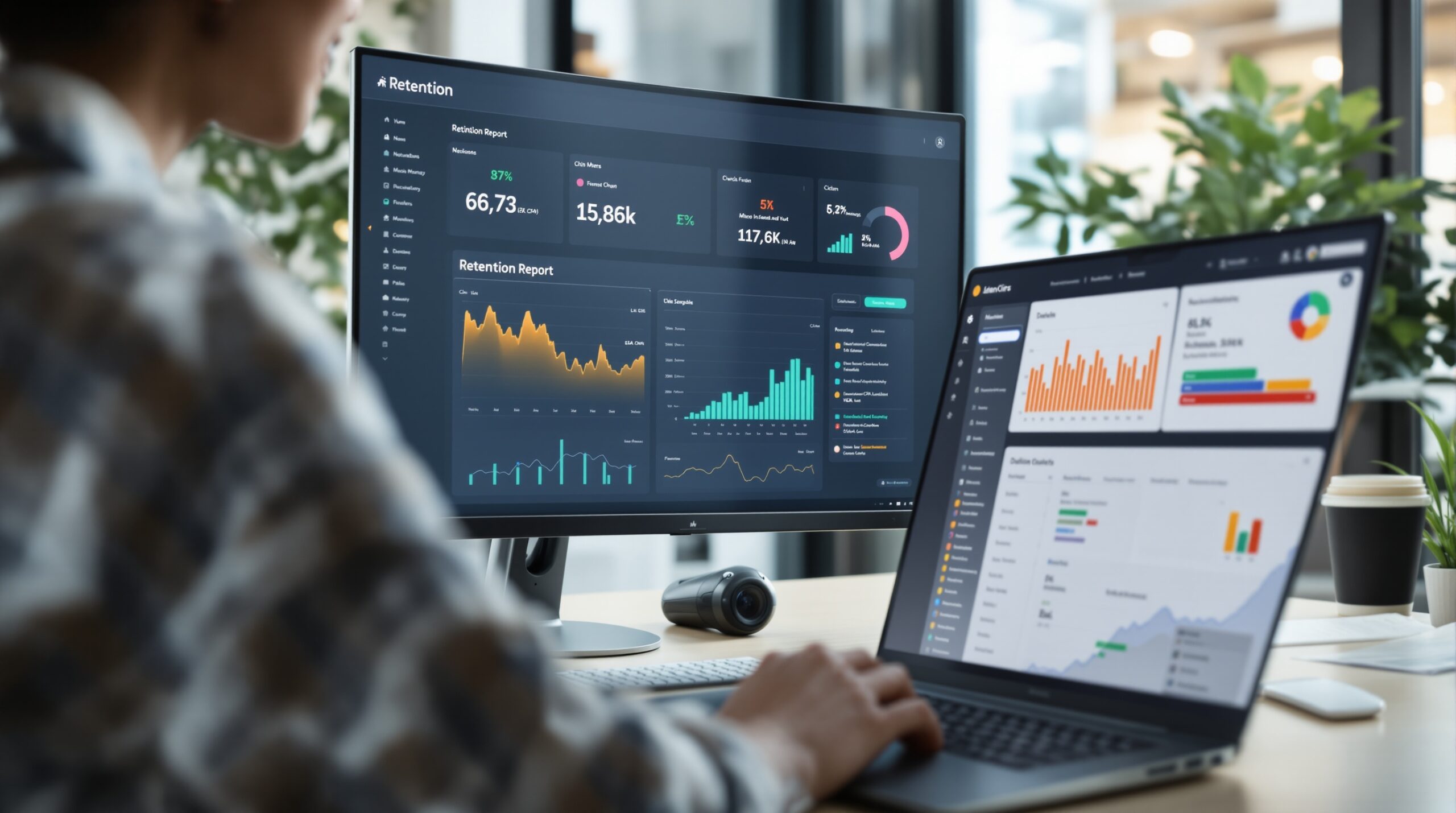 Retention report displayed on a monitor beside a modern workspace, illustrating churn analysis in analytical CRM.