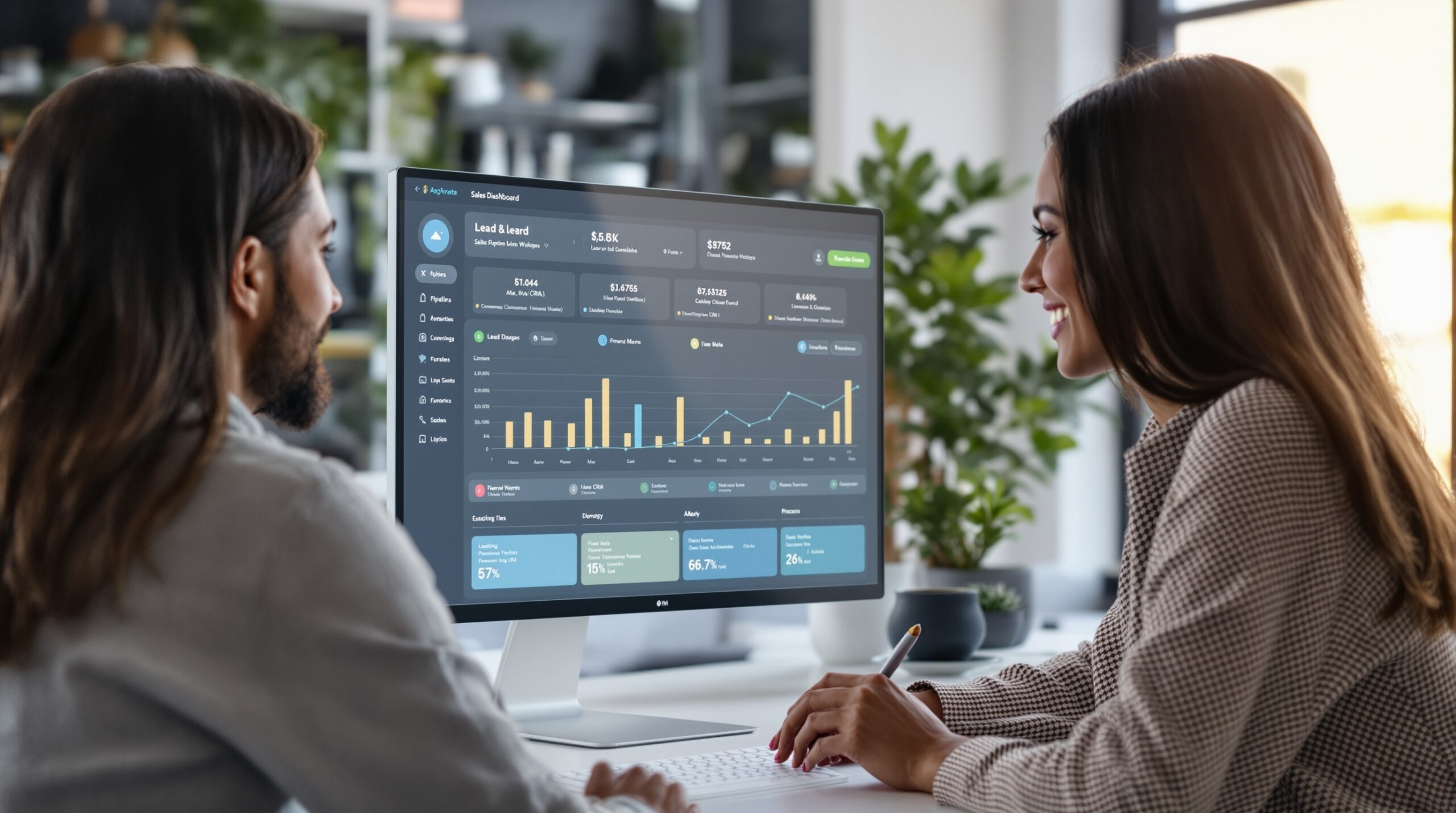 Sales dashboard on a monitor showing pipeline stages, lead status, and performance metrics